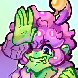 Cartoony drawing of a green skinned humanoid slime with pink slimey hair in a pink hoodie waving